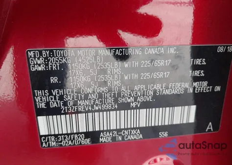 2018 Toyota Rav4 Le z USA, uszkodzony, nr VIN 2T3ZFREV4JW499834